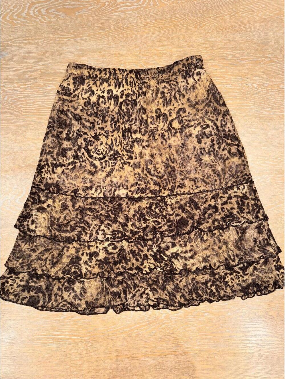 Cynthia Steffe Brown Black Leopard Tiered Ruffled Skirt Sz S/M Made In USA